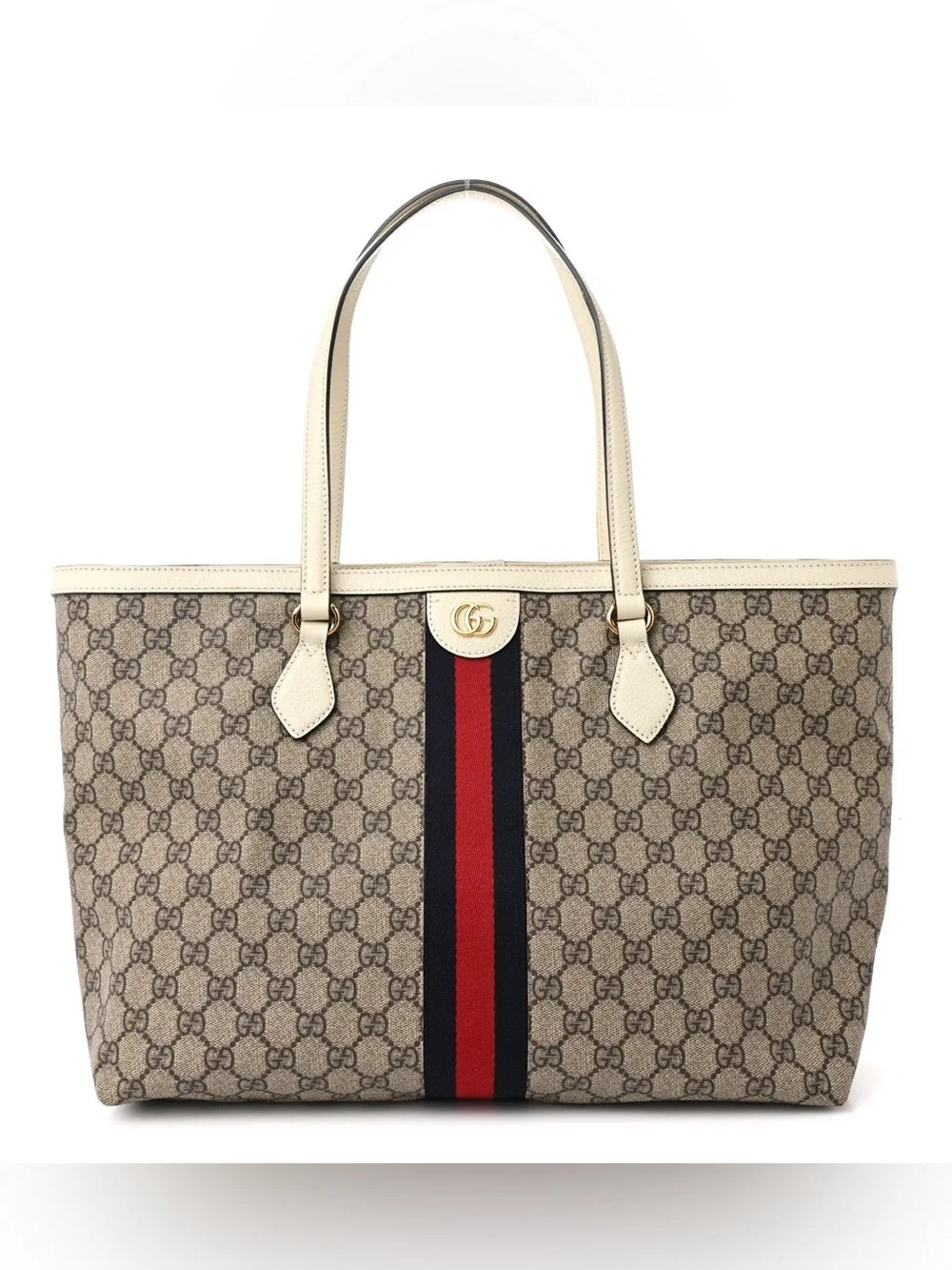 Gucci Ophidia GG Supreme Medium Web Tote Beige Canvas Ivory Leather Authentic